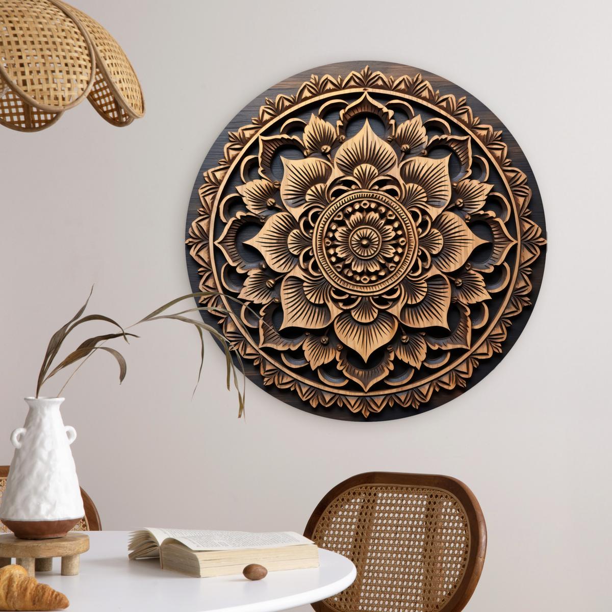 WANDBILD Mandala - Holz - Blumen - Braun Wanddeko Schlafzimmer 60x60 cm - Gelb, Kunststoff (60/60cm) - MuchoWow