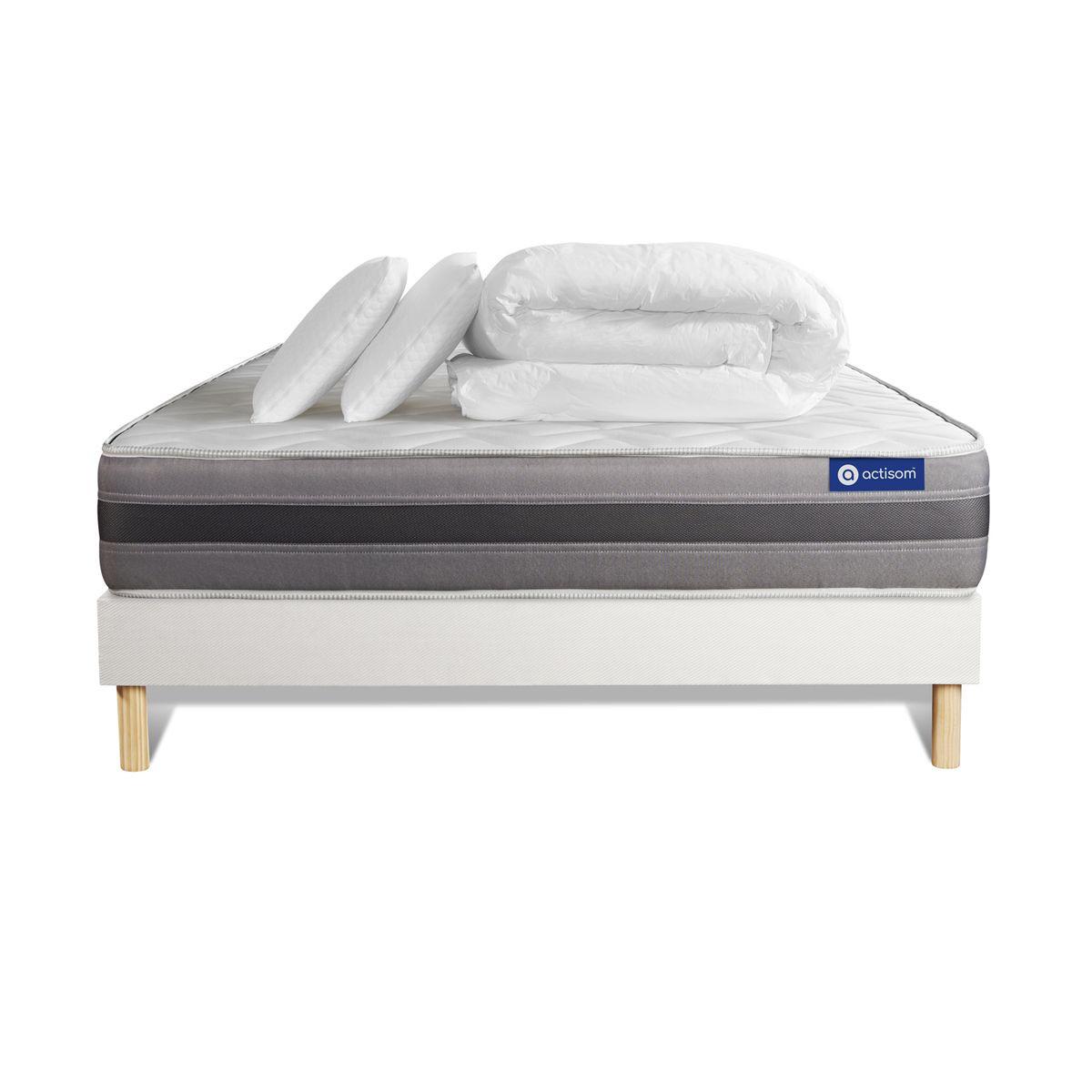 BETT Actiflex relax Taschenfederkern und Memory-Schaum 160 x 200 cm h1 - Kit Bettgestell Weiß - Mit Kissen und Bettdecke - Beige/Weiß, Karton/Holz (160/200cm) - ACTISOM