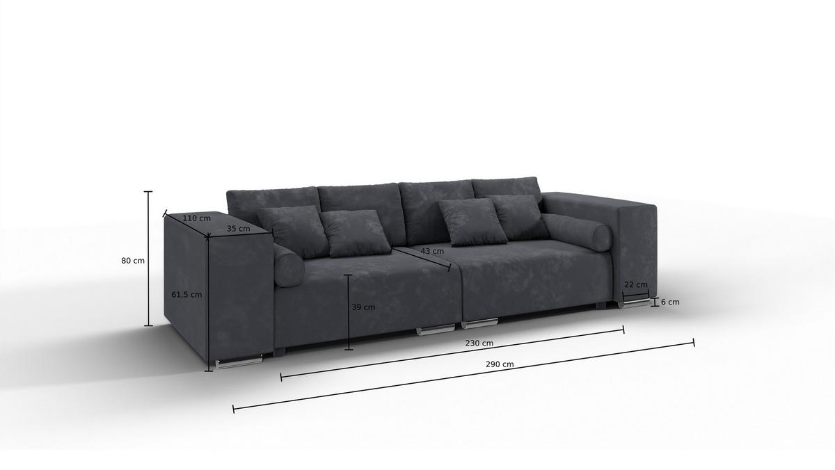 BIGSOFA Kami Microfaser Graphit - Graphitfarben/Schwarz, Kunststoff/Textil (290/80/110cm) - S-Style