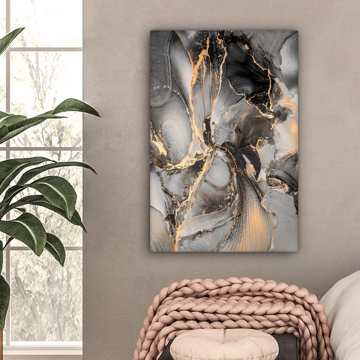 LEINWANDBILD Grau - Luxus - Gold - Marmor Wanddeko Schlafzimmer 60x90 cm - Dunkelgrau, Textil (60/90cm) - MuchoWow