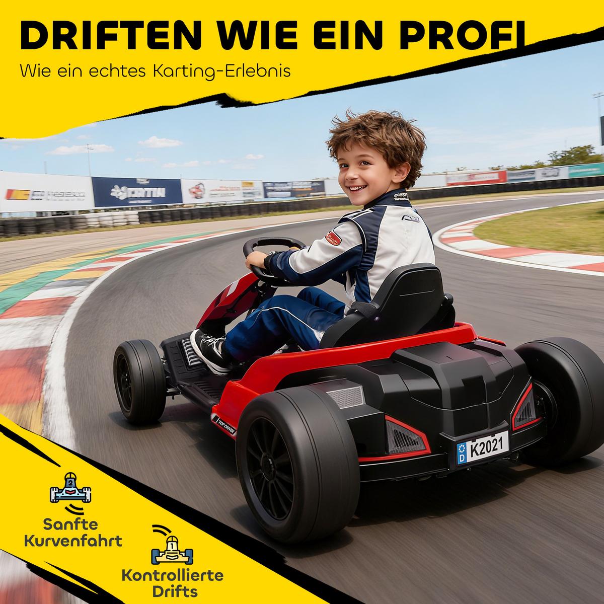 KINDER-ELEKTRO GOKART Drift Kart Verstellbarer Sitz 24 V 6-18km/h - Rot, Kunststoff (115/77/55.5cm) - AIYAPLAY