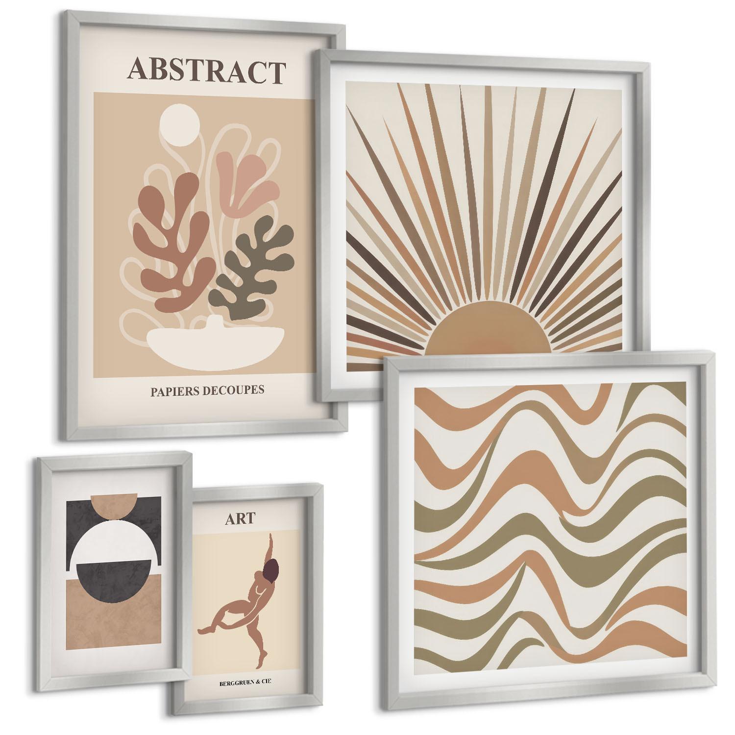 BILDER SET 5er Set - 50x50 cm & 20x30 cm & 40x60 cm Silberner Rahmen - Matisse Boho abstrakte Muster - Silberfarben, Kunststoff (40/60cm) - TULUP