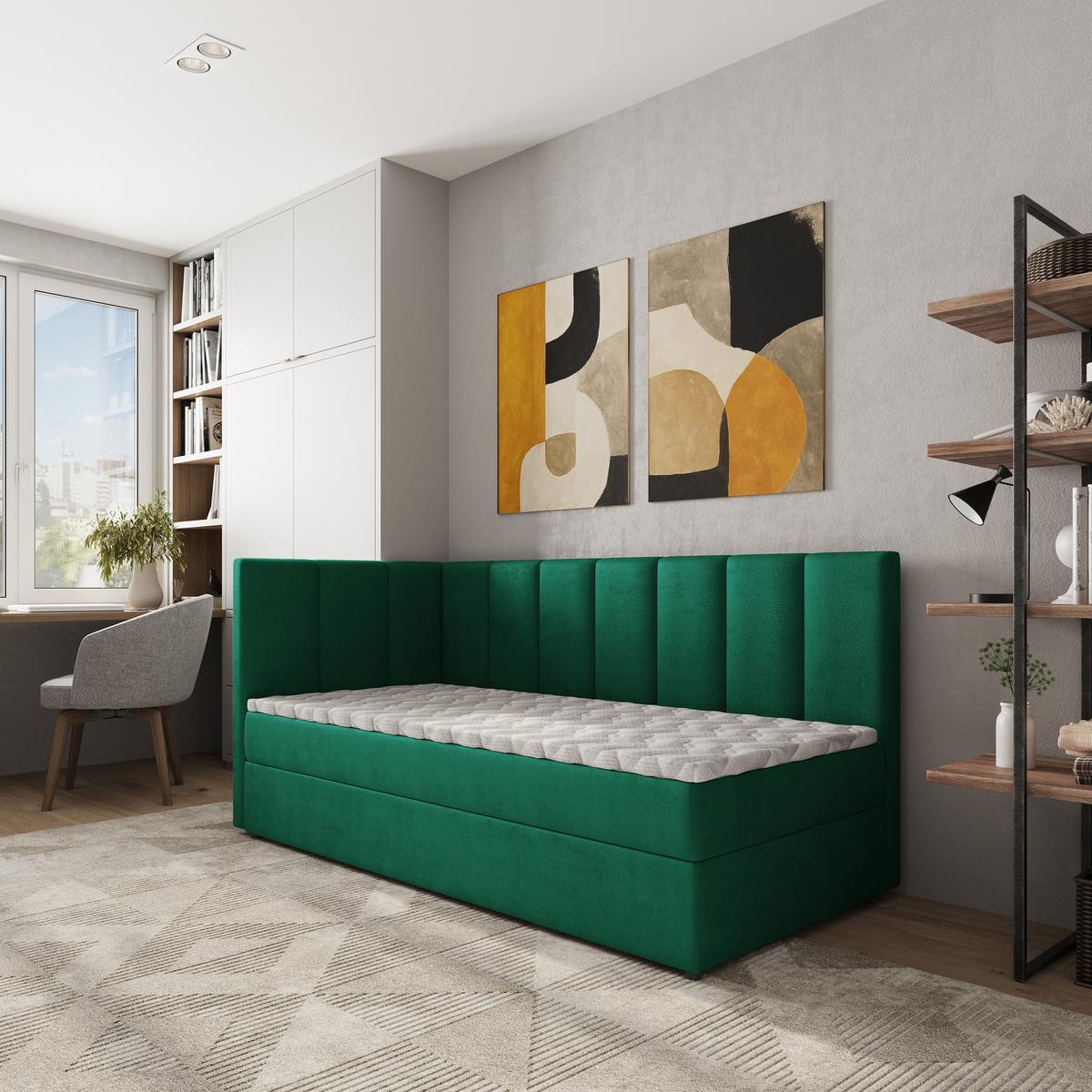 BOXBETT BEVE 90x200 cm mit Matratze und Topper, H2+H3 - Grün - Grün, Holz (90/200cm) - MASSENO