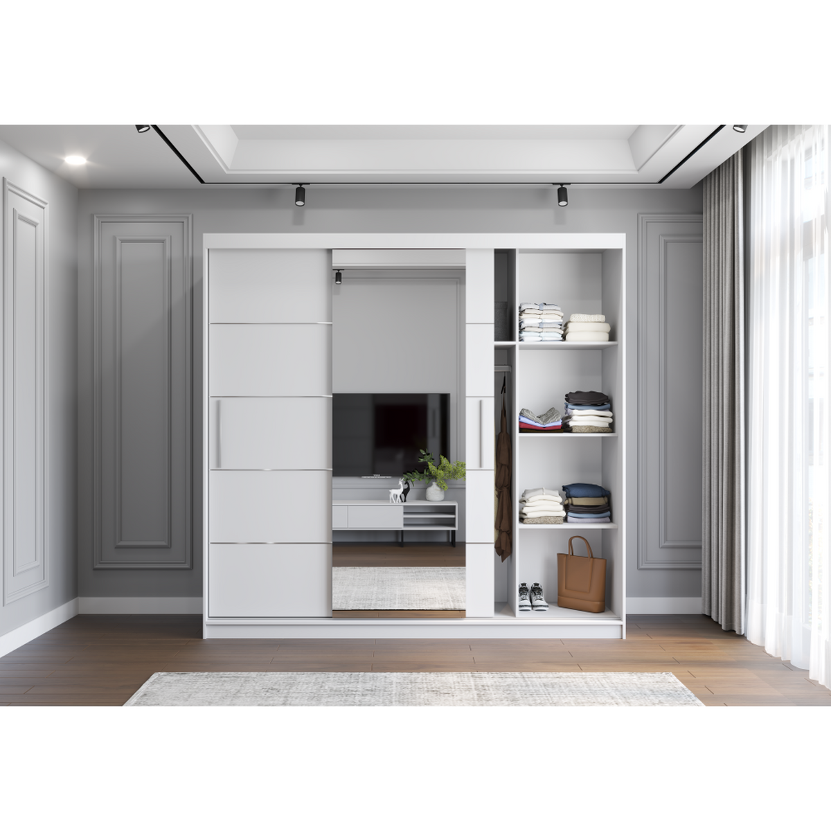 SCHWEBETÜRENSCHRANK Alba Weiß/Weiß + Spiegel, mit LED-Beleuchtung 250 cm - Alufarben/Weiß, Glas/Holzwerkstoff (250/218/61cm) - imoebel24