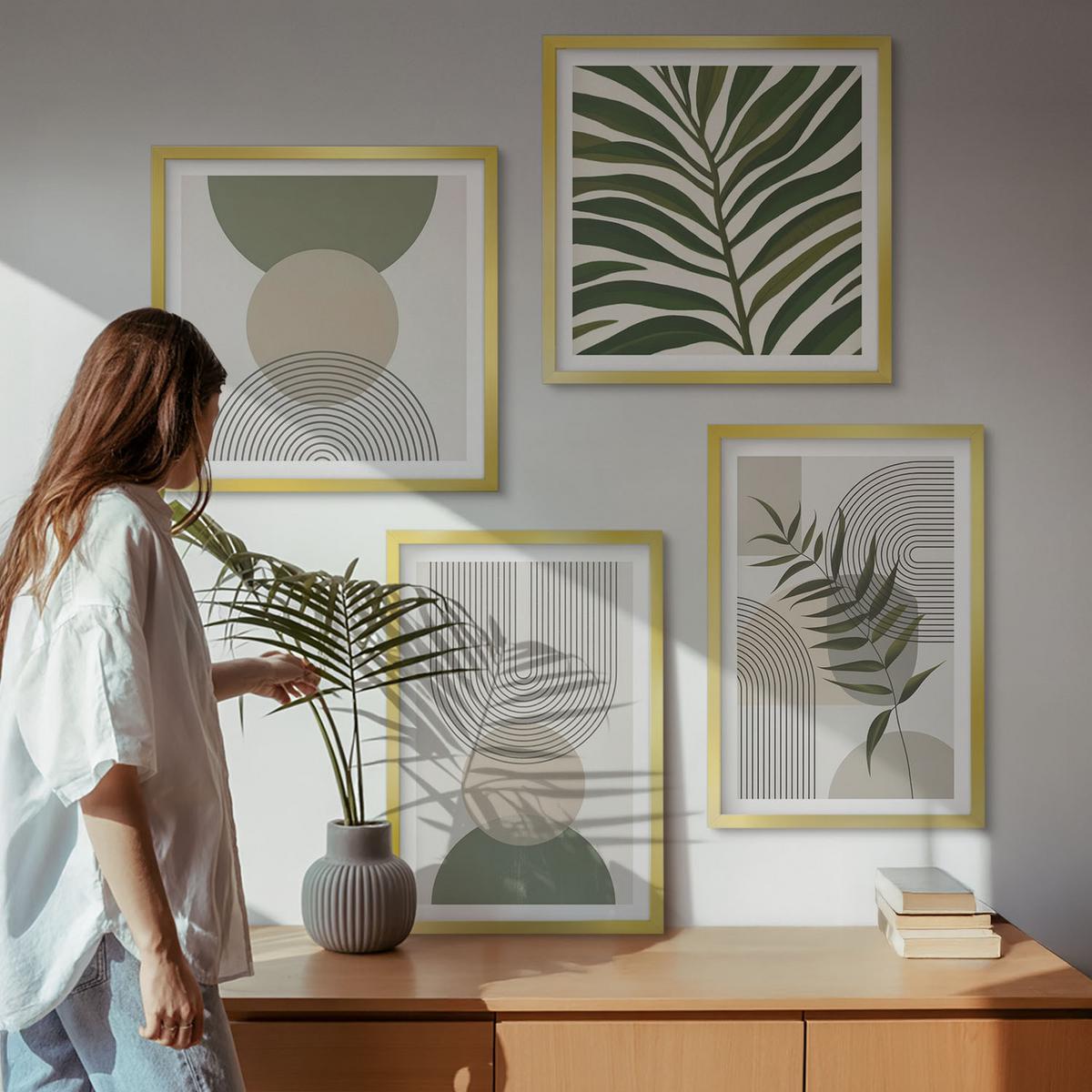 BILDER SET 4er Set - 50x50 cm & 40x60 cm Goldrahmen - Abstrakte Blätter im Boho-Stil - Goldfarben, Kunststoff (50/50cm) - TULUP