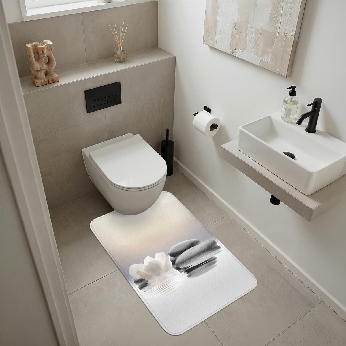 BADEMATTE Steine - Lotus - Weiß - Wasser - Zen 60x90 cm - Weiß, Textil (60/90cm) - OnlyWow