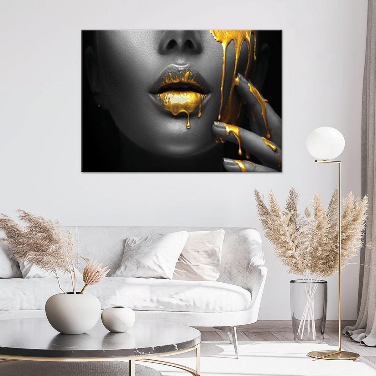 LEINWANDBILD Goldene Lippen, Frau, Abstraktion 100x70cm - Schwarz, Textil (100/70cm) - Feeby