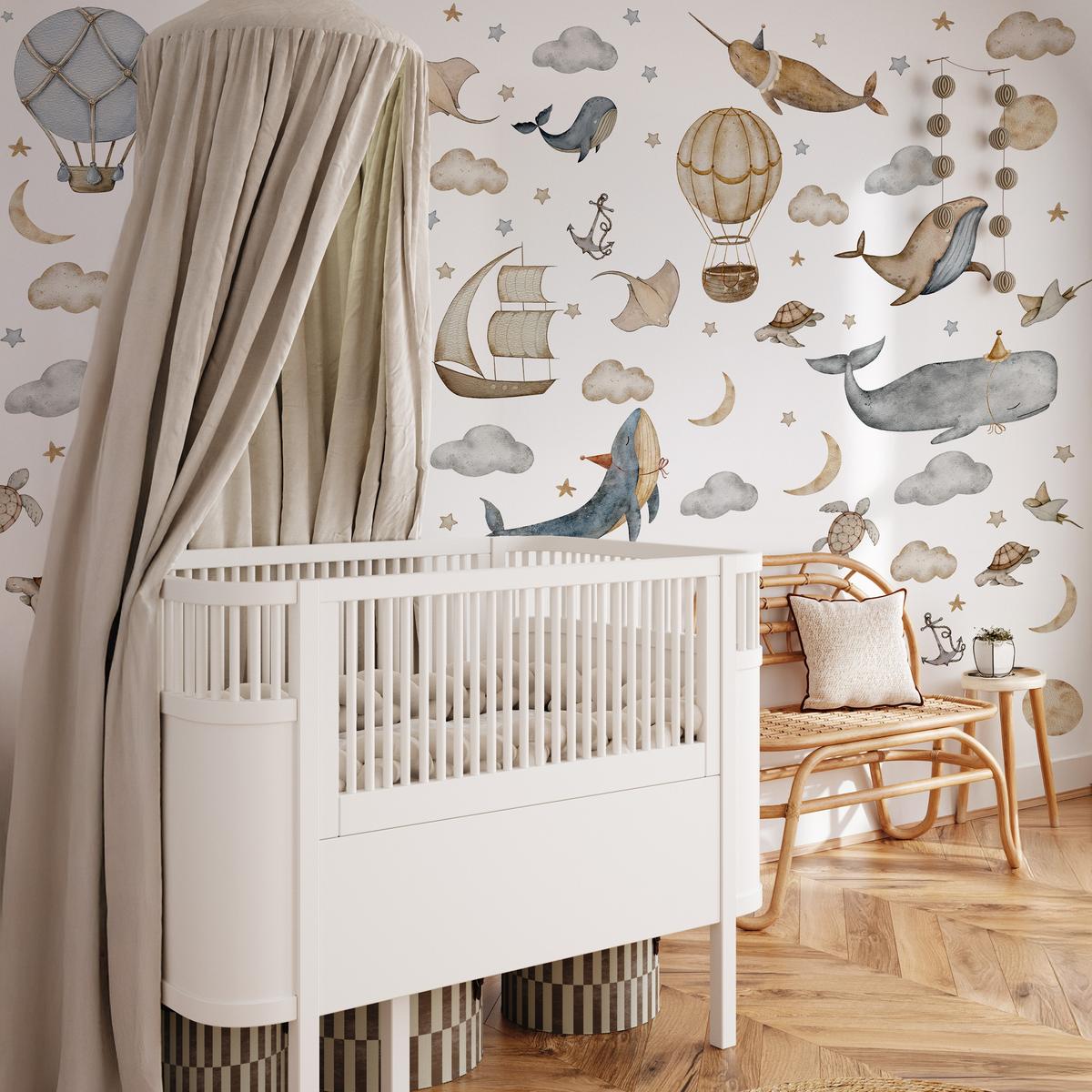 WANDSTICKER SET Wale Schildkröten Wolken Luftballons Sterne 60x30 - Beige/Braun, Papier (60/30/1cm) - Muralo