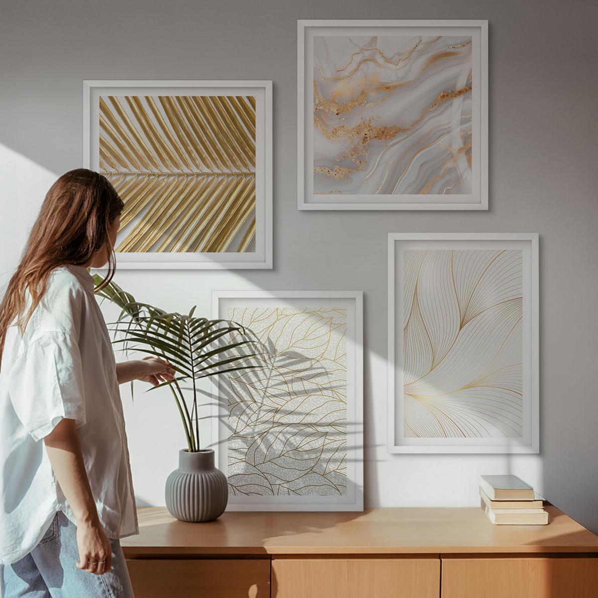 BILDER SET 4er Set - 50x50 cm & 40x60 cm Weißer Rahmen - Blattmuster Marmor abstrakt - Weiß, Kunststoff (50/50cm) - TULUP