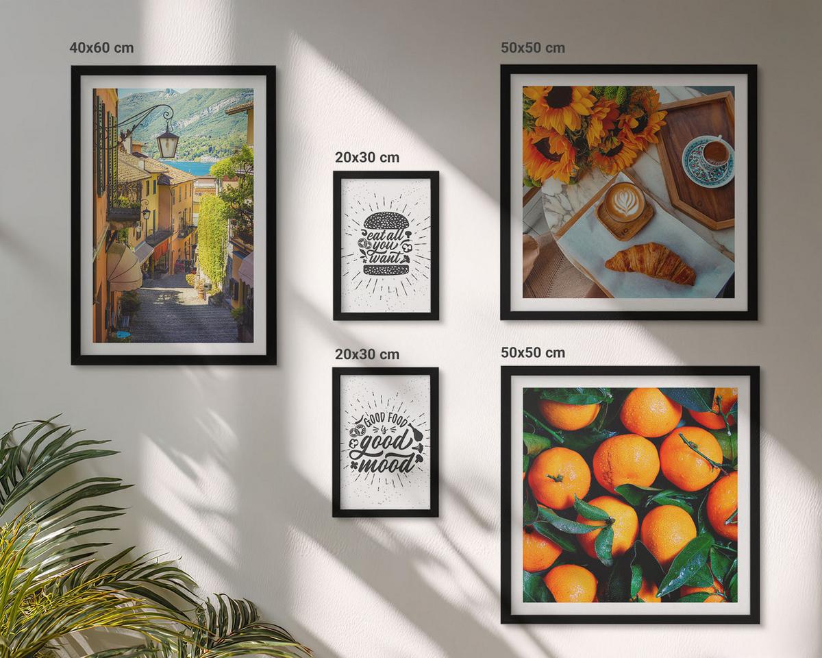 BILDER SET 5er Set - 50x50 cm & 20x30 cm & 40x60 cm Schwarzer Rahmen - Juicy Oranges Kitchen - Schwarz, Kunststoff (40/60cm) - TULUP