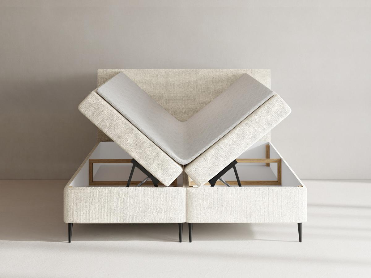 BOXBETT Alba Rise mit Bettkasten, Creme Chenille 180x200 cm – inkl. H4 Taschenfederkern Matratze & Foam Topper - Creme/Schwarz, Holz/Textil (180/200cm) - WFL GROUP