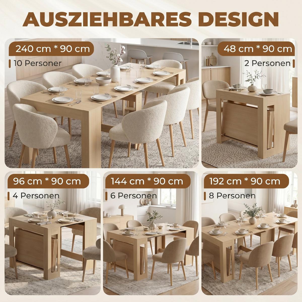 AUSZIEHBARER-ESSTISCH Spanplatte Stahl Braun - Hellbraun, Holzwerkstoff (240/90/78cm) - HOMCOM