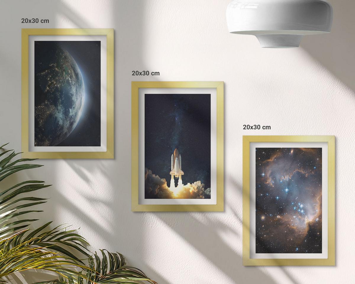 BILDER SET 3er Set - 20x30 cm Goldrahmen - Weltraum Erde Rakete Galaxie - Goldfarben, Kunststoff (20/30cm) - TULUP