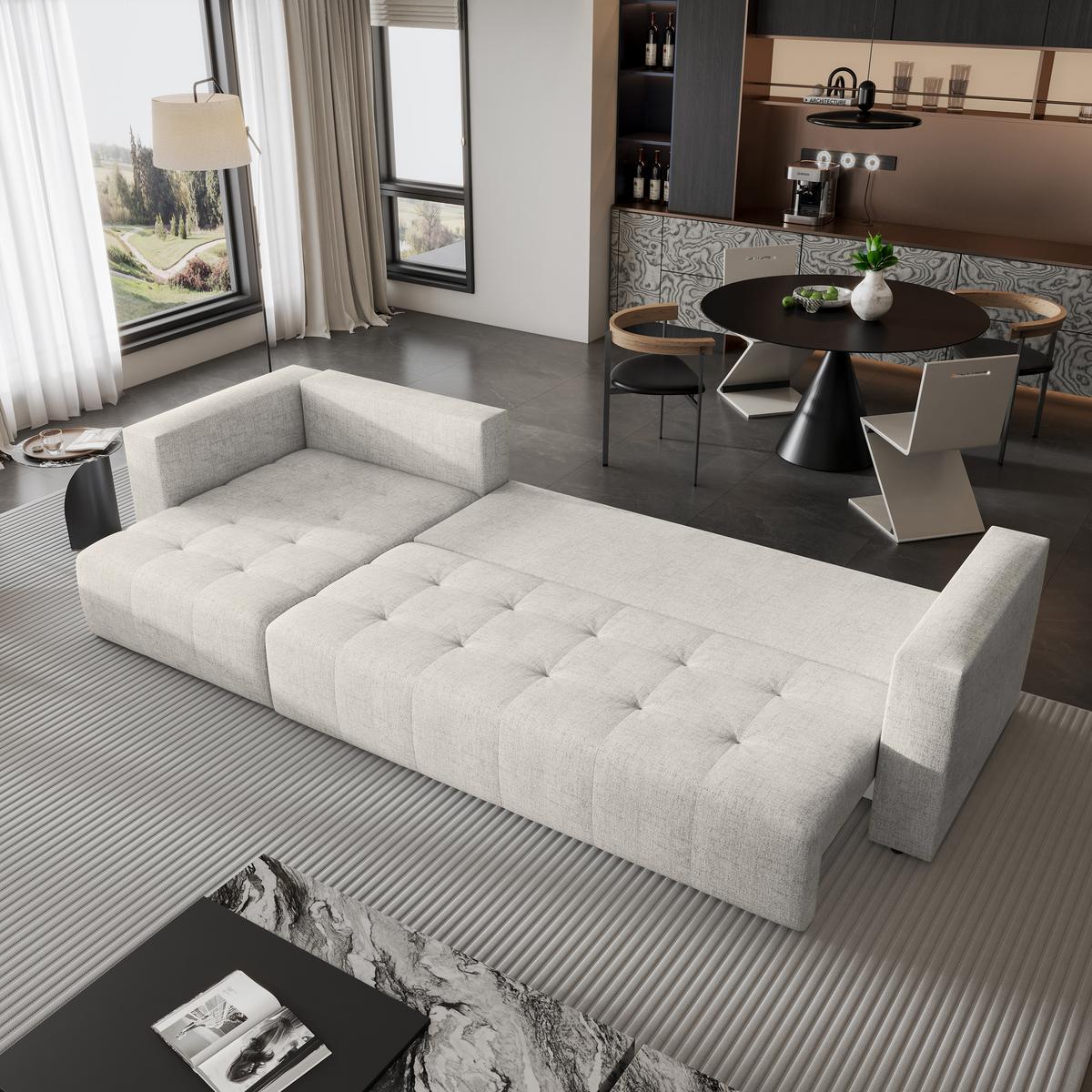 ECKSOFA OLVERA Creme Geflochtener Stoff mit Schlaffunktion - Creme, Holz (347/148cm) - MASSENO