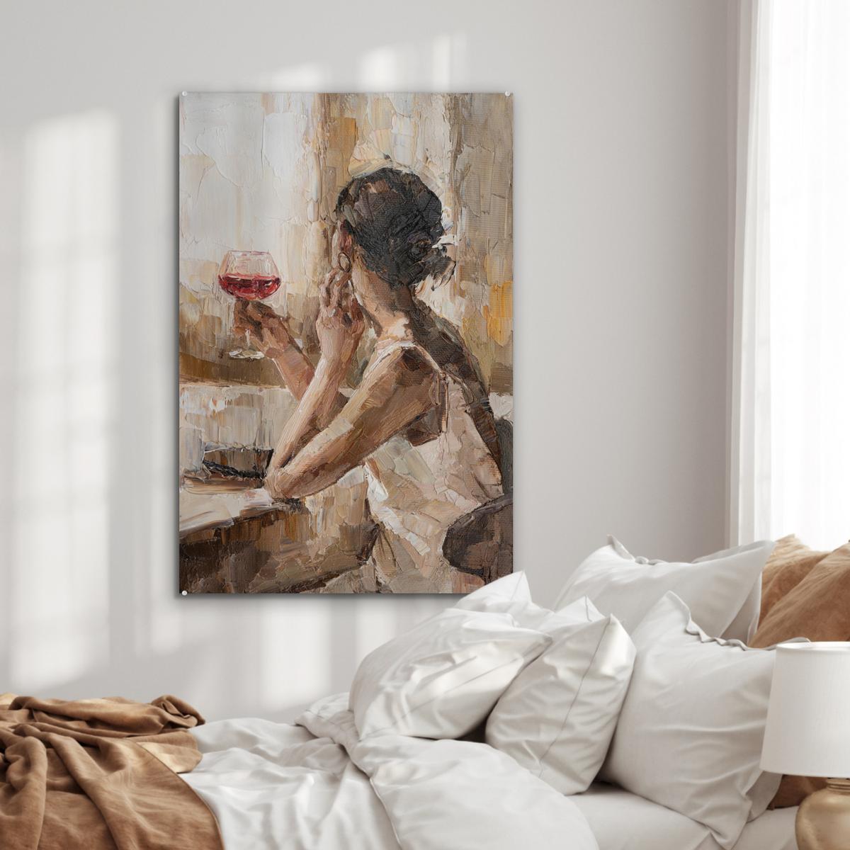 ACRYLGLASBILD Ölgemälde - Frau - Wein 80x120 cm - Hellbraun, Glas (80/120cm) - MuchoWow