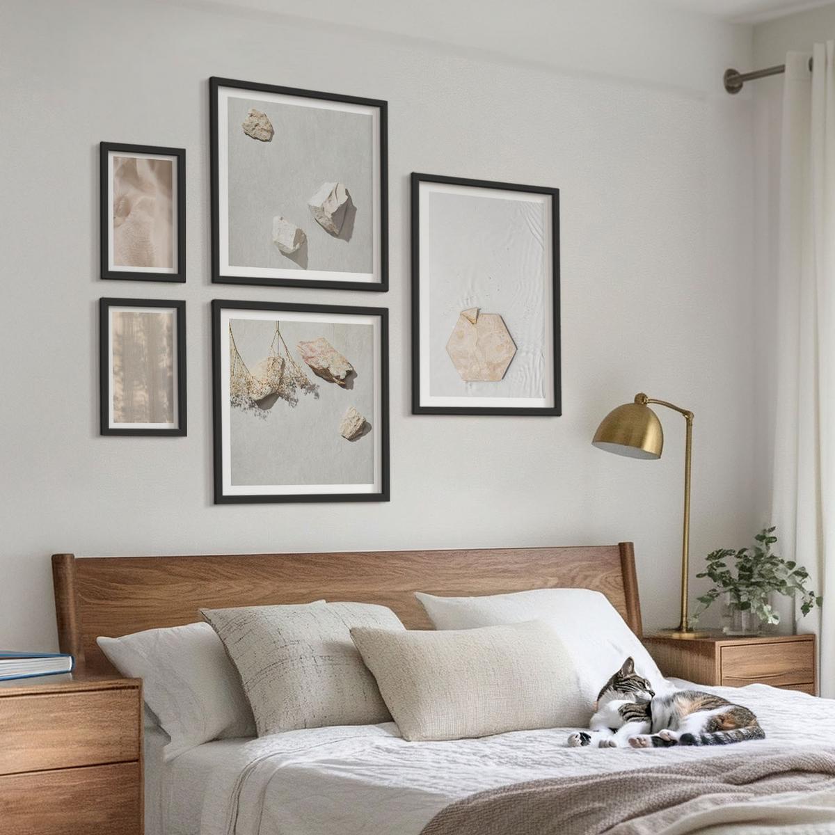 BILDER SET 5er Set - 50x50 cm & 20x30 cm & 40x60 cm Schwarzer Rahmen - Dezente Boho-Naturtexturen - Schwarz, Kunststoff (40/60cm) - TULUP