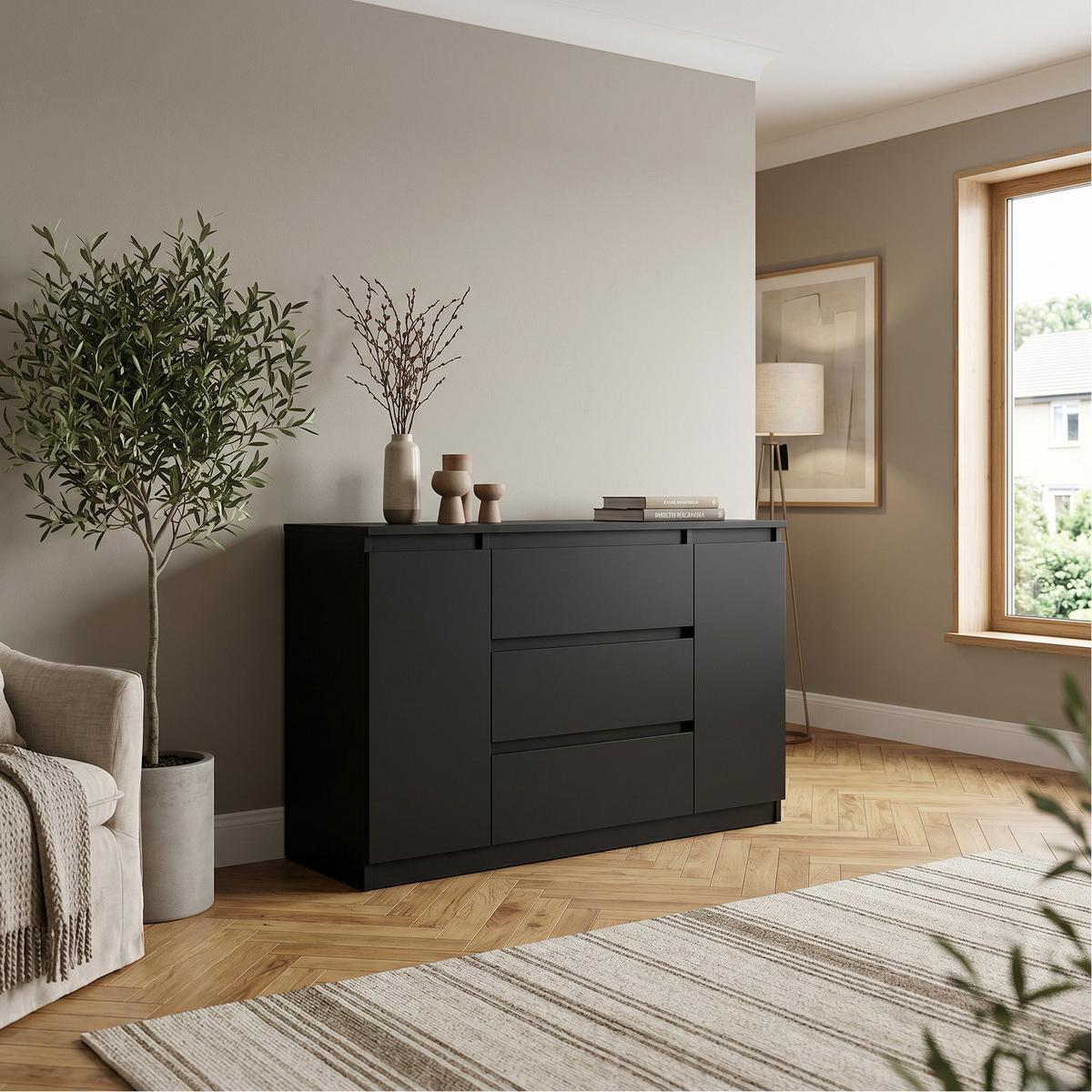 KOMMODE NUDO 138,5/78,2/39cm mit 3 Schubladen 2 Türen Schwarz - Schwarz, Holzwerkstoff (138.5/78.2/39cm) - MASSENO
