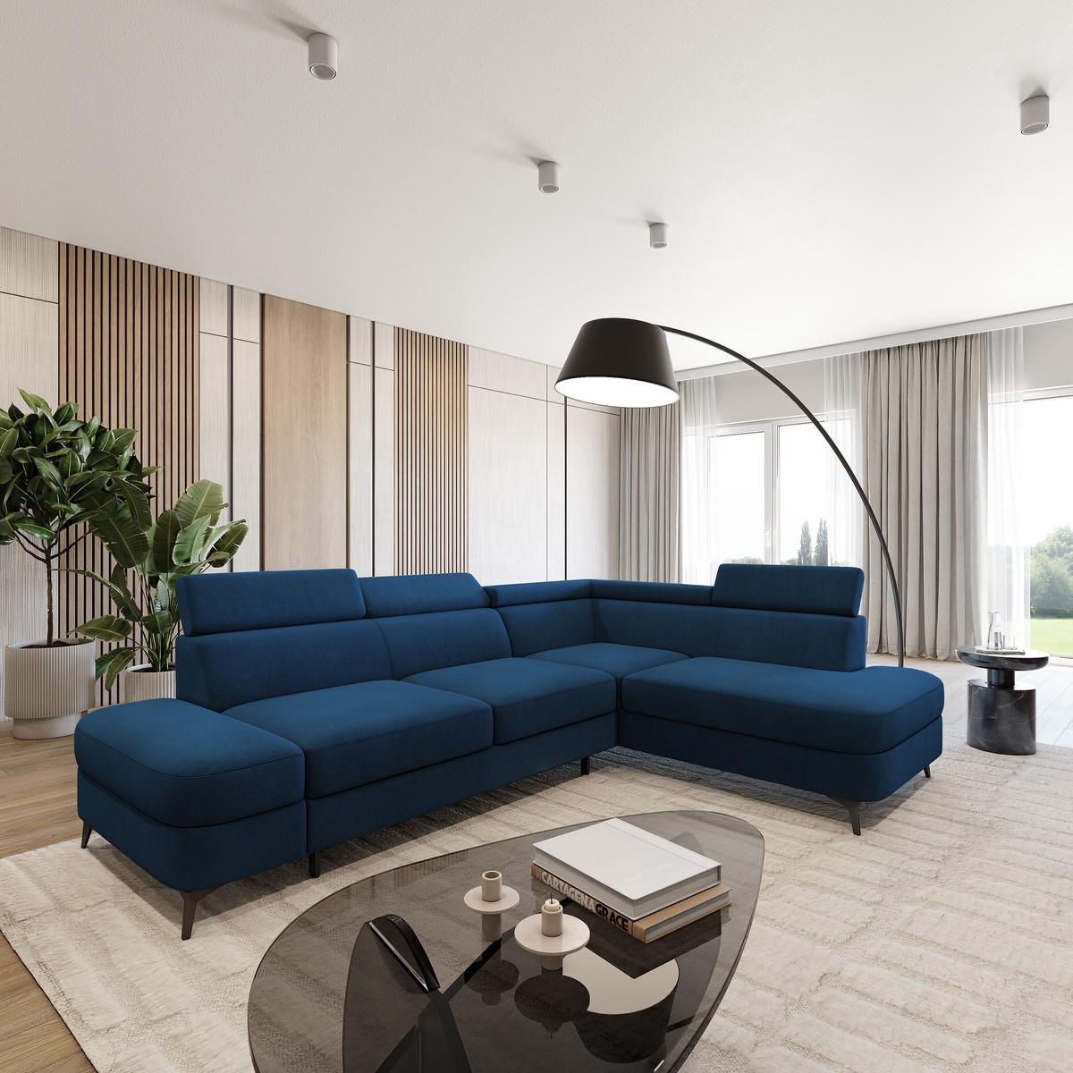 ECKSOFA AVISE MV R-S Blau Velours-Stoff mit Schlaffunktion - Blau, Holzwerkstoff/Textil (268/195cm) - MASSENO