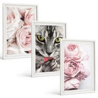 BILDER SET 3er Set - 40x60 cm Weißer Rahmen - Katze in rosa Blumen - Weiß, Kunststoff (40/60cm) - TULUP
