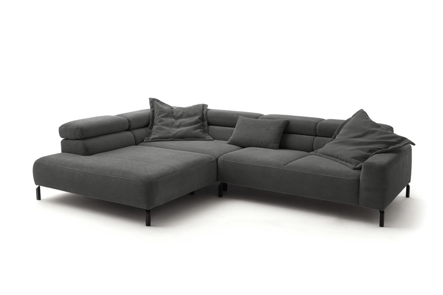 ECKSOFA DELIA Grau Cord Relaxfunktion - Schwarz/Grau, Textil/Metall (276/219cm) - KAWOLA