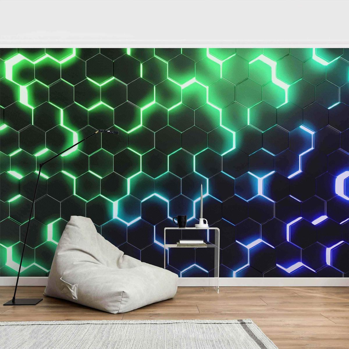 FOTOTAPETE Strukturierte Hexagone mit Neonlicht in Grün und Blau 384/255 cm - Schwarz, Papier (384/255cm) - Bilderwelten