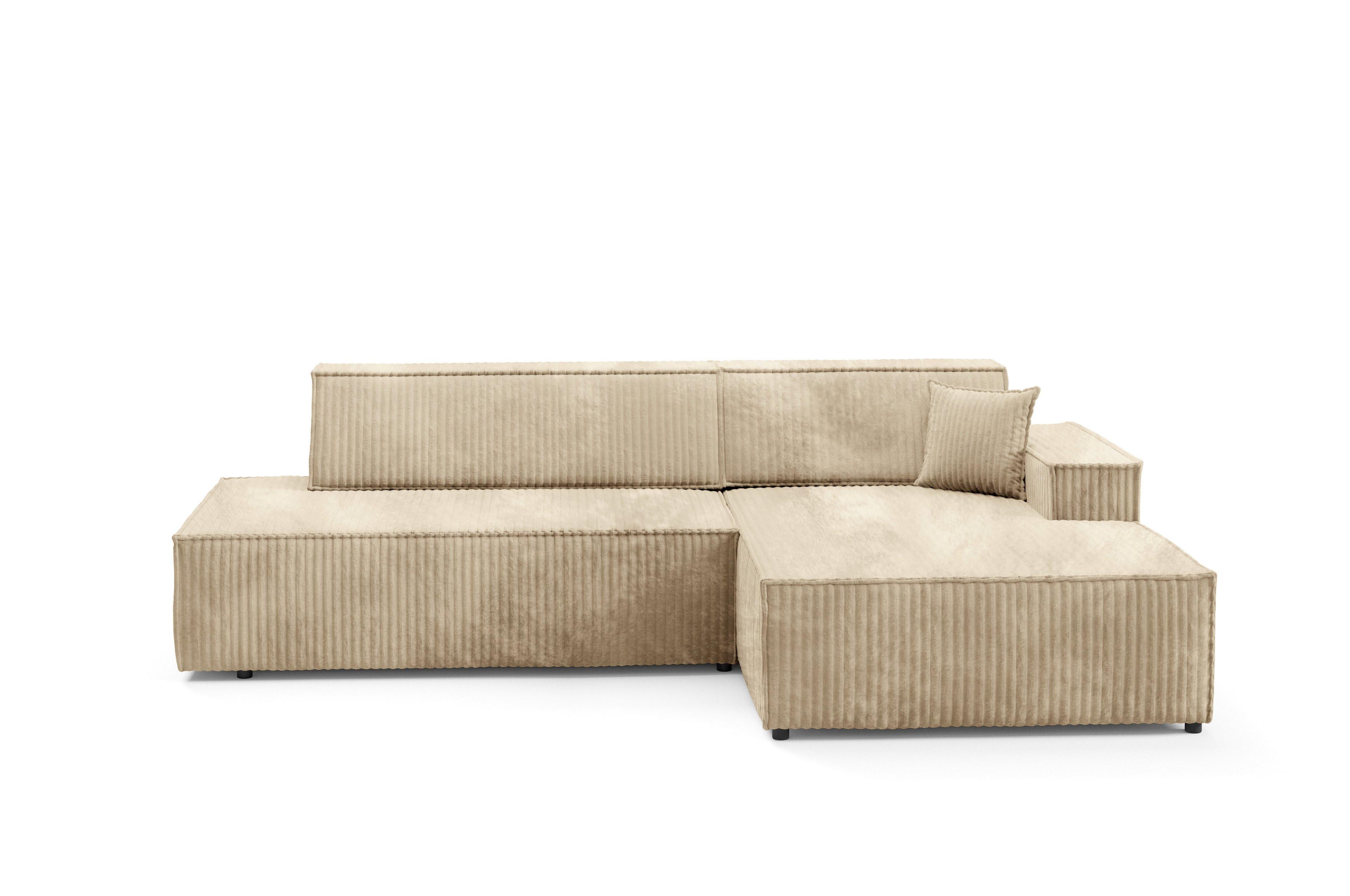 ECKSOFA TESSO R-S Beige Kordstoff mit Schlaffunktion - Beige, Holz (247/170cm) - MASSENO