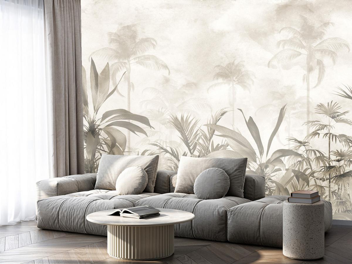 FOTOTAPETE für Wohnzimmer Vintage Tropischer Wald Palmen Blätter 450x315 - Beige/Grau, Papier (450/315cm) - Muralo