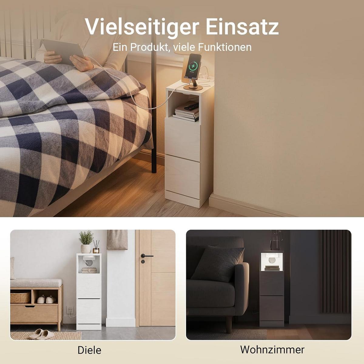 NACHTTISCH schmal mit Ladefunktion und LED-Sensorleuchte, 20x35x60cm - Weiß, Holzwerkstoff (35/60/20cm) - SoBuy