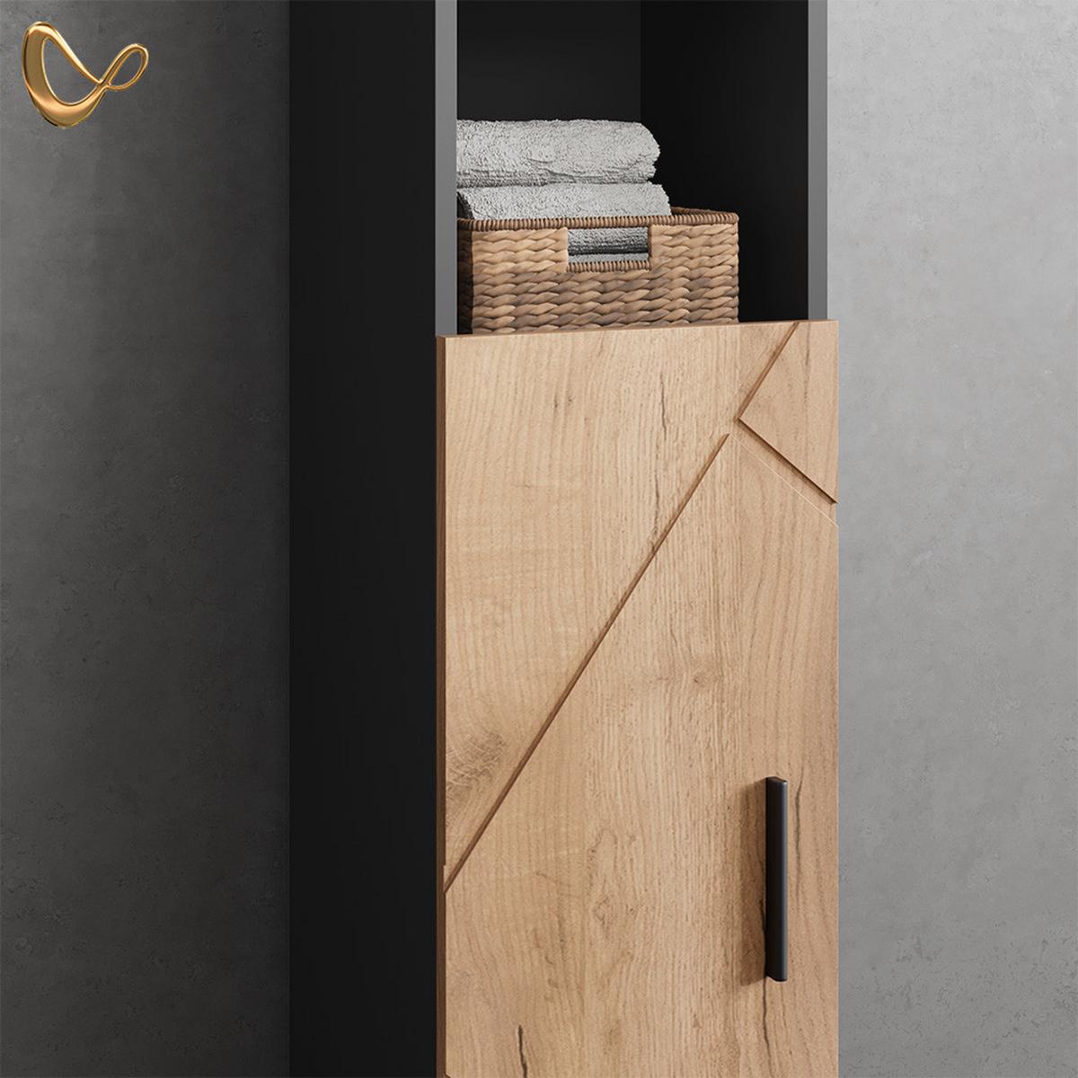 BADMÖBEL-SET Ronco Goldkraft Eiche/Anthrazit 3 Teile, mit Hochschrank - Honigeiche/Anthrazit, Holzwerkstoff (60/192/30cm) - Livinity®