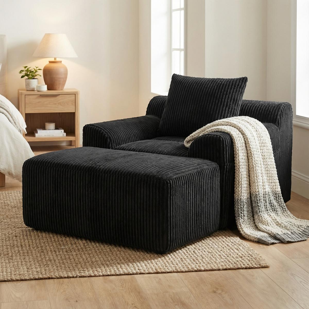 SESSEL mit Hocker in Cord Übergroßer Relaxsessel - Schwarz, Textil (110/67/147cm) - Urban Meuble