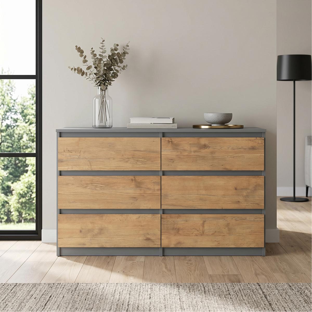 KOMMODE NUDO 120/78,5/39cm mit 6 Schubladen Türen Anthrazit - Eichefarben/Anthrazit, Holzwerkstoff (120/78.5/39cm) - MASSENO