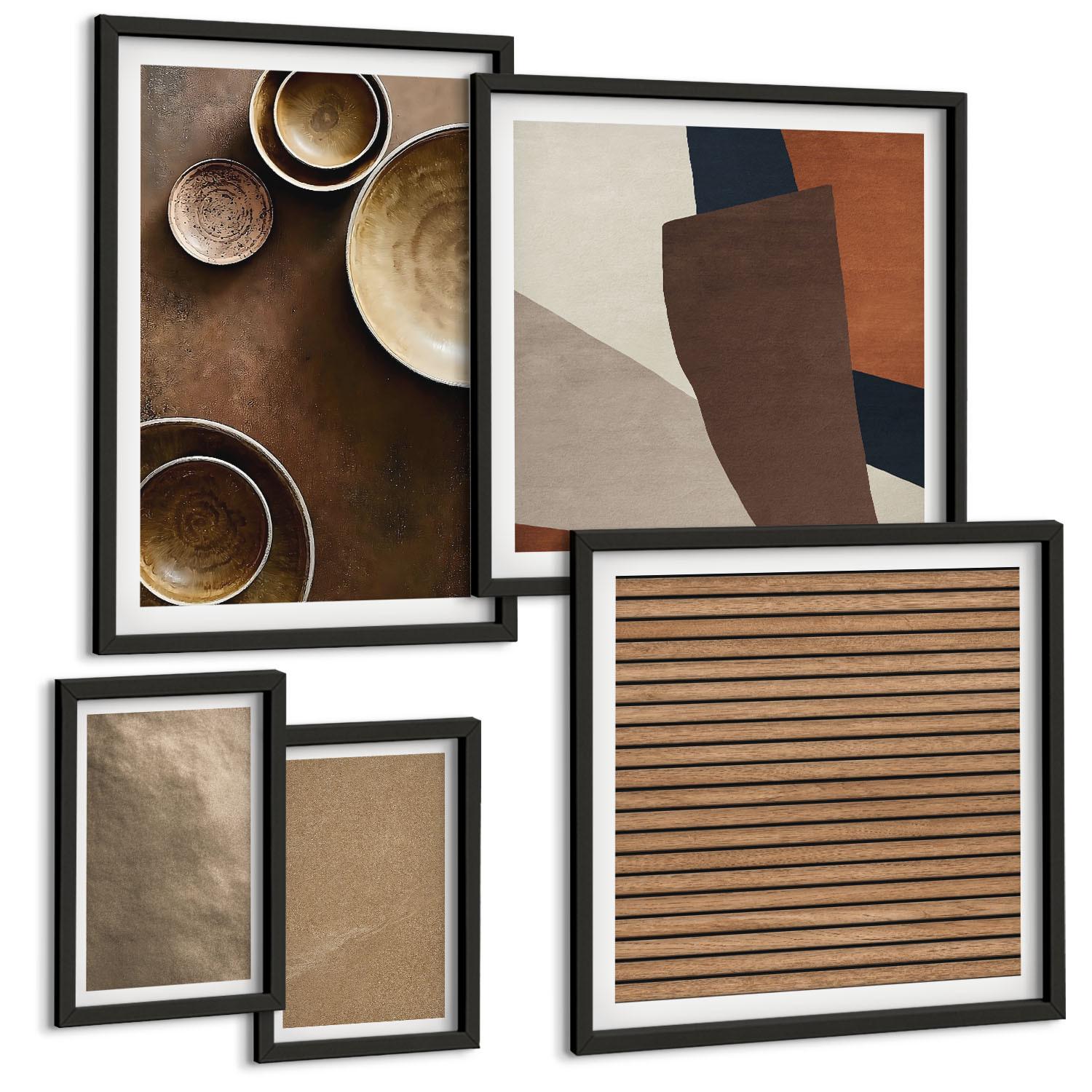 BILDER SET 5er Set - 50x50 cm & 20x30 cm & 40x60 cm Schwarzer Rahmen - Moderne Steinstrukturen - Schwarz, Kunststoff (40/60cm) - TULUP