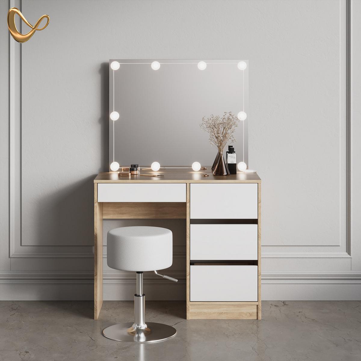 SCHMINKTISCH Imola Sonoma mit LED Beleuchtung und Hocker - Sonoma Eiche, Holzwerkstoff (90/75/40cm) - Livinity®