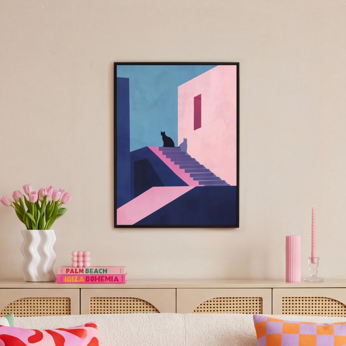 LEINWAND Bilder mit Rahmen - Katze - Treppe - Gebäude - Schattenkontraste - 60x80 - Dunkelblau, Textil (60/80cm) - MuchoWow