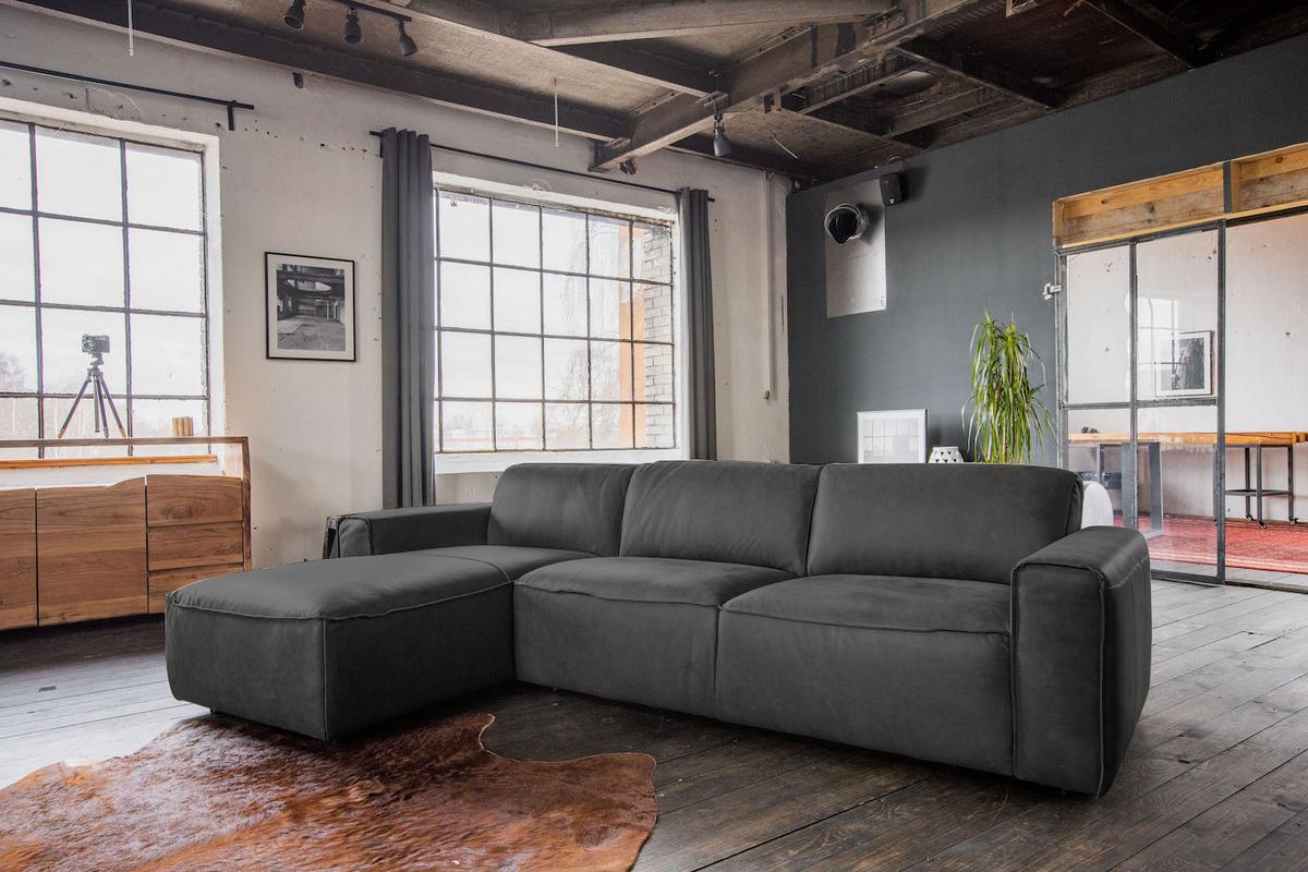 ECKSOFA EXTRA Grau Leder - Schwarz/Grau, Leder (278/170cm) - KAWOLA