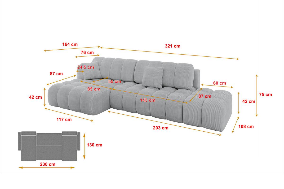 ECKSOFA mit Schlaffunktion Ottomane Links OLEA-L2 321x164x75 Grau Cord - Chromfarben/Schwarz, Holzwerkstoff/Kunststoff (321/164cm) - ALTDECOR