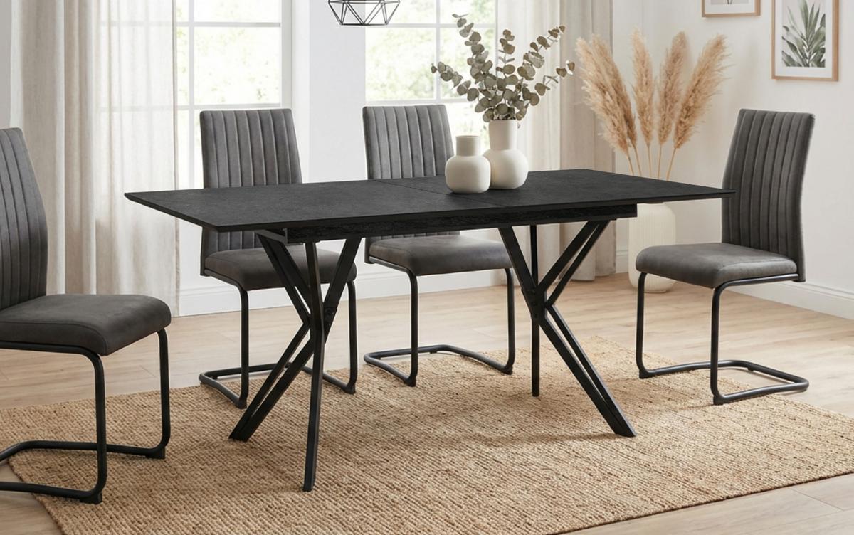 ESSTISCH Stein grau dunkel 160/200 cm, Küchentisch ausziehbar - Dunkelgrau/Schwarz, Holzwerkstoff/Metall (90/160/74cm) - Furn.Design