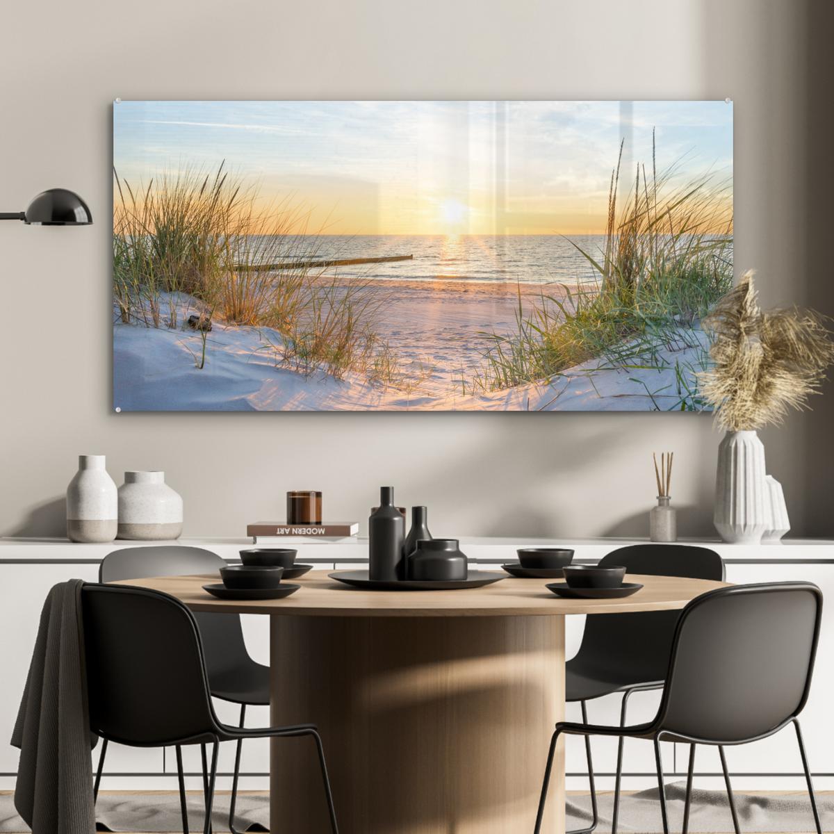 ACRYLGLASBILD Strand - Sonne - Düne - Gras - Sand - Horizont 120x60 cm - Hellblau, Glas (120/60cm) - MuchoWow