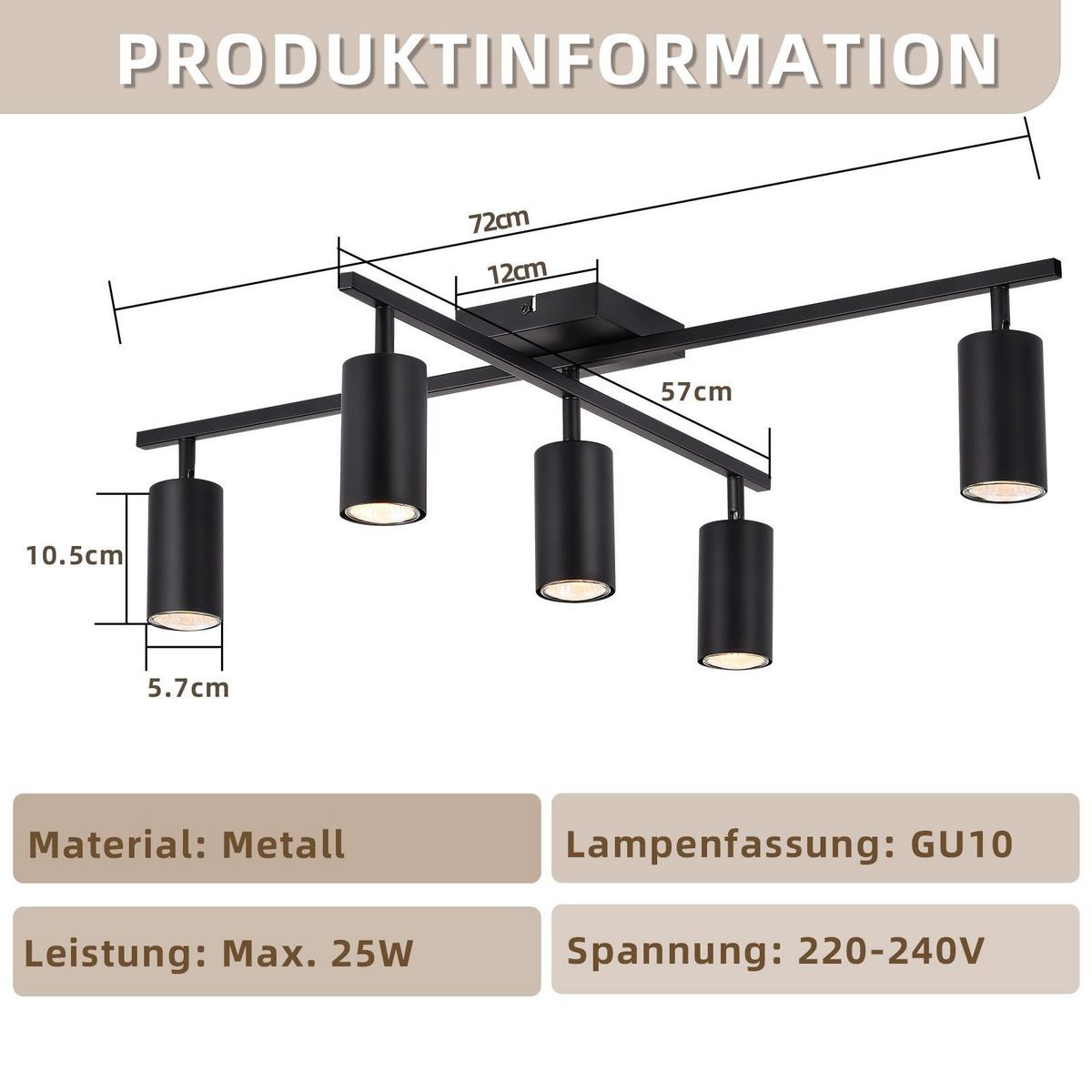 DECKENSTRAHLER Berlinchen 5-flammig 77.5/57.5/21 cm - Schwarz, Metall (77.5/57.5/21cm) - Nettlife