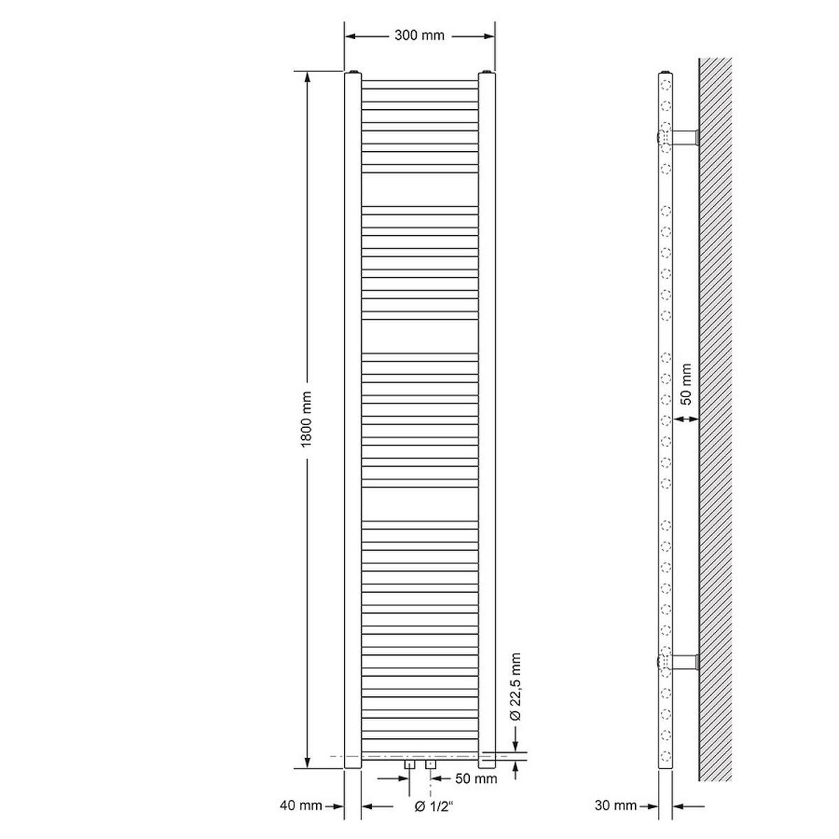 BADHEIZKÖRPER Sahara 300x1800 mm Weiß gerade mit Mittelanschluss - Weiß, Metall (30/180/3cm) - LuxeBath