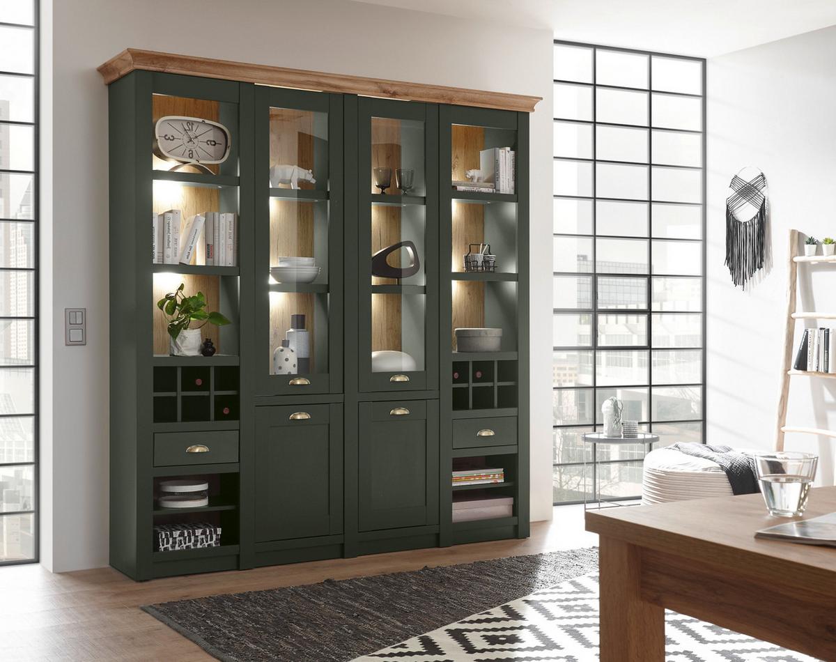 BUFFETSCHRANK grün, Wotan Eiche Landhaus, Vitrinenschrank mit Weinregal - Dunkelgrün/Messingfarben, Glas/Holzwerkstoff (194/207/45cm) - Furn.Design