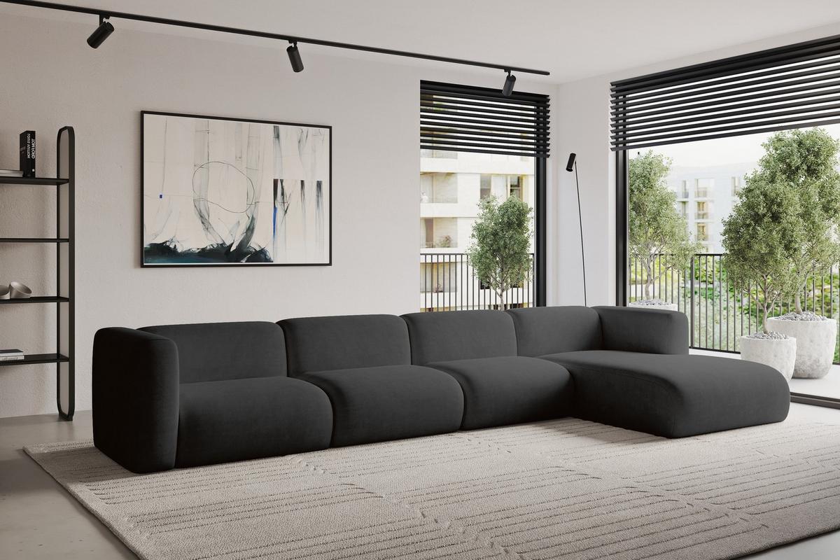 ECKSOFA Ottomane Rechts MIRA-L3 409x179x70 Schwarz Velours - Anthrazit/Schwarz, Holzwerkstoff/Kunststoff (409/179cm) - ALTDECOR