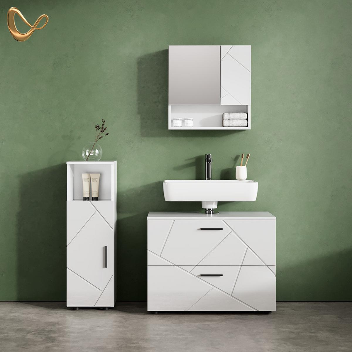 BADMÖBEL-SET Ronco Weiß Hochglanz 3 Teile, mit Midischrank - Weiß Hochglanz, Holzwerkstoff (54/55/41cm) - Livinity®