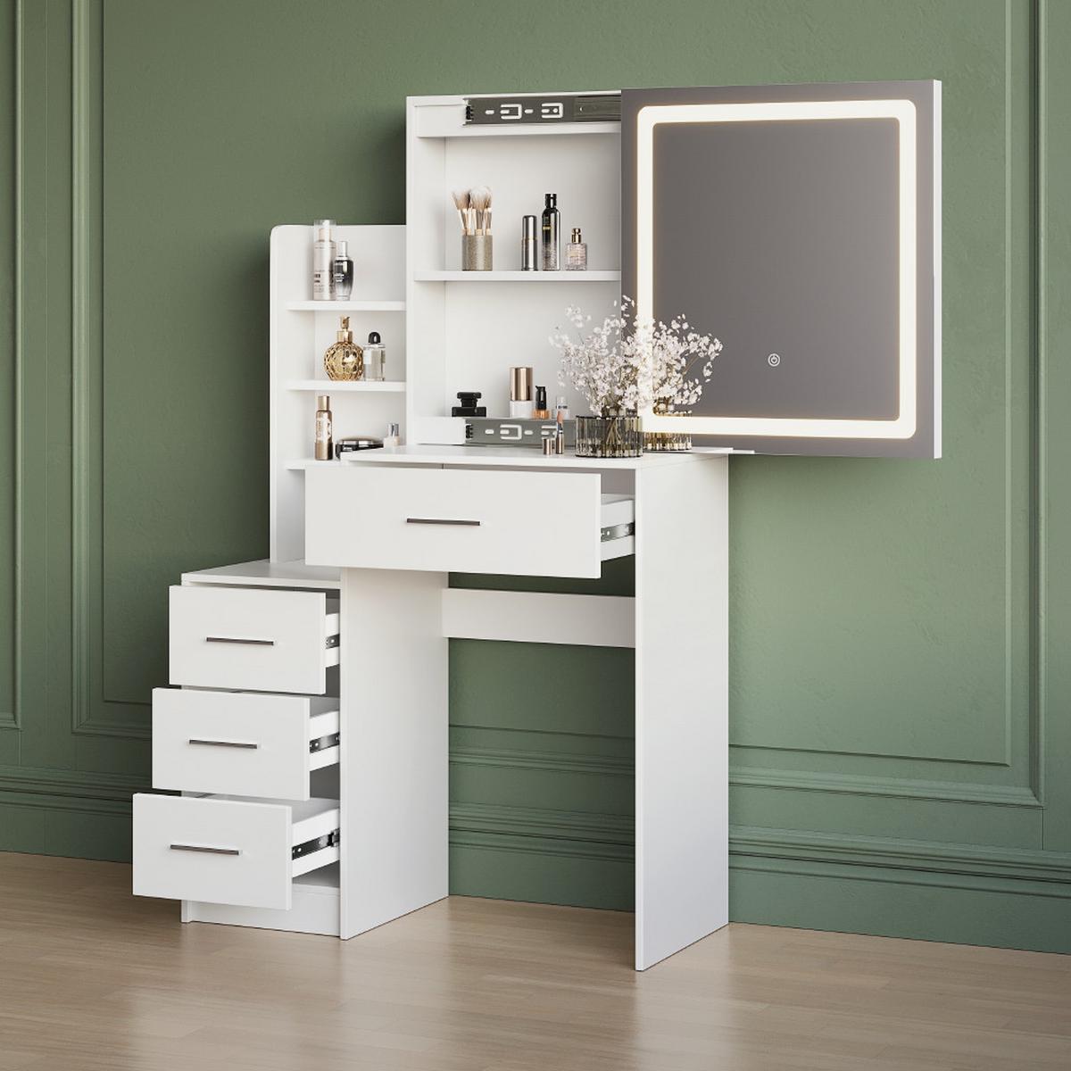 SCHMINKTISCH Monza Weiß 80 cm mit LED-Spiegel - Weiß, Holzwerkstoff (80/131.6/36cm) - Livinity®