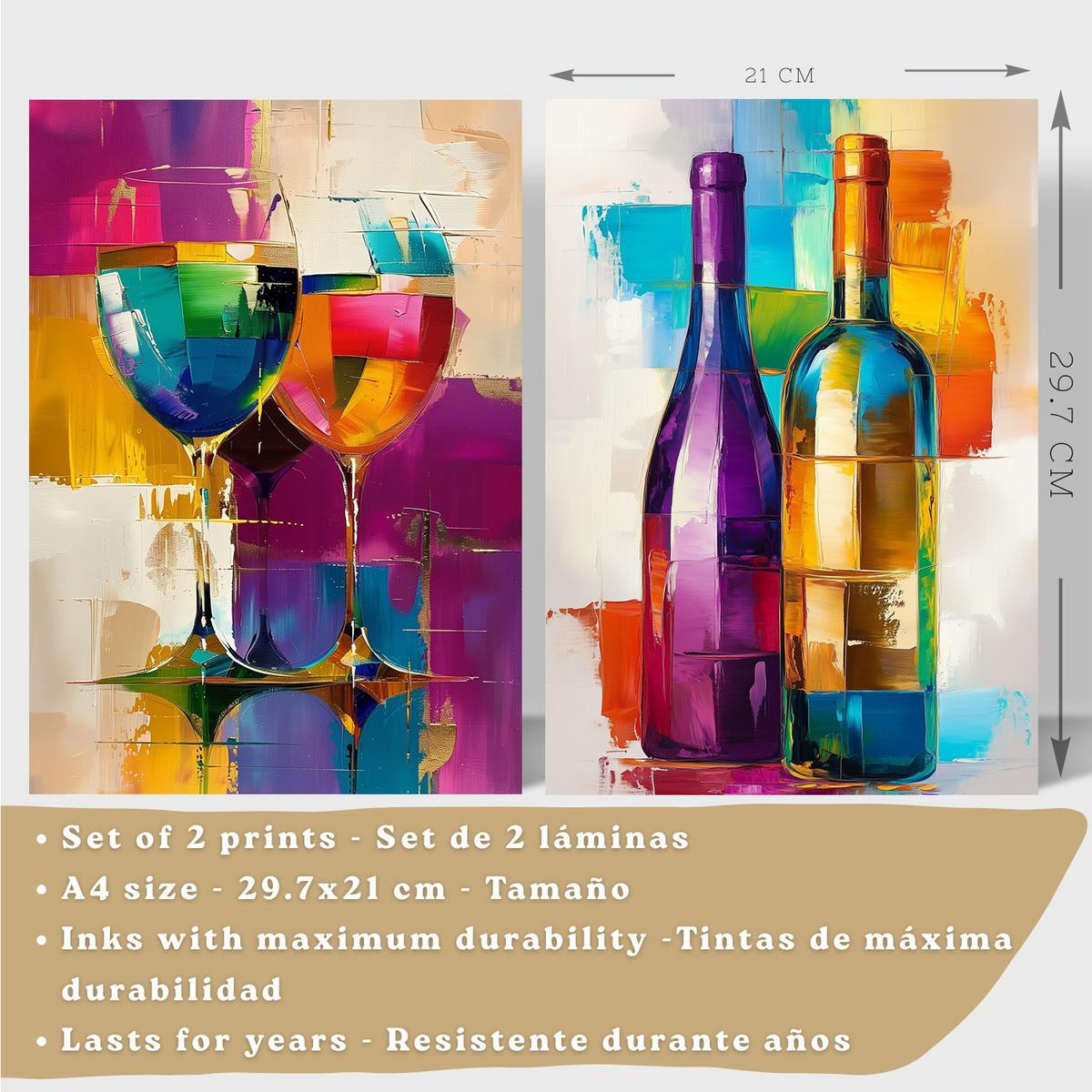 POSTER 2er Set Küchen-Wandbilder Weingläser und Flaschen Pop Art Bunt Abstrakt Esszimmer Wanddeko Schwarzer Rahmen A4 - Schwarz, Papier (29.7/1/21cm) - Nacnic