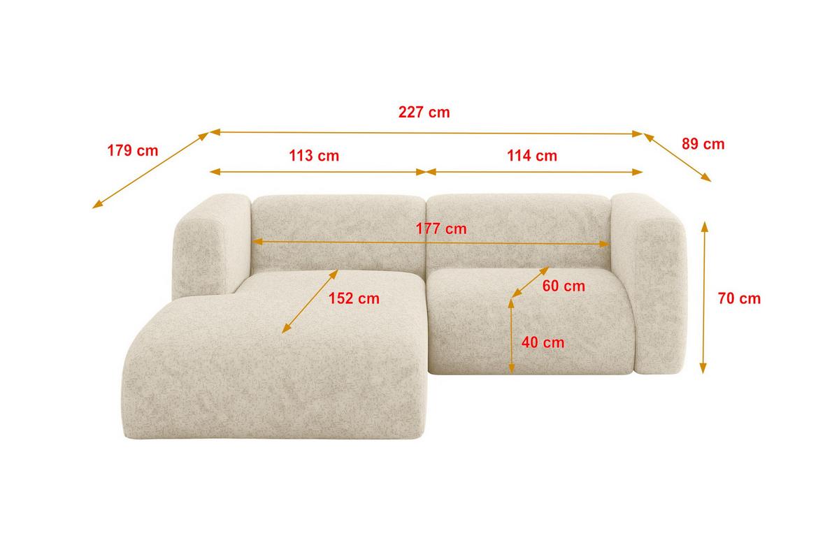 ECKSOFA Ottomane Links MIRA-L1 227x179x89 Creme Velours - Creme/Schwarz, Holzwerkstoff/Kunststoff (227/179cm) - ALTDECOR