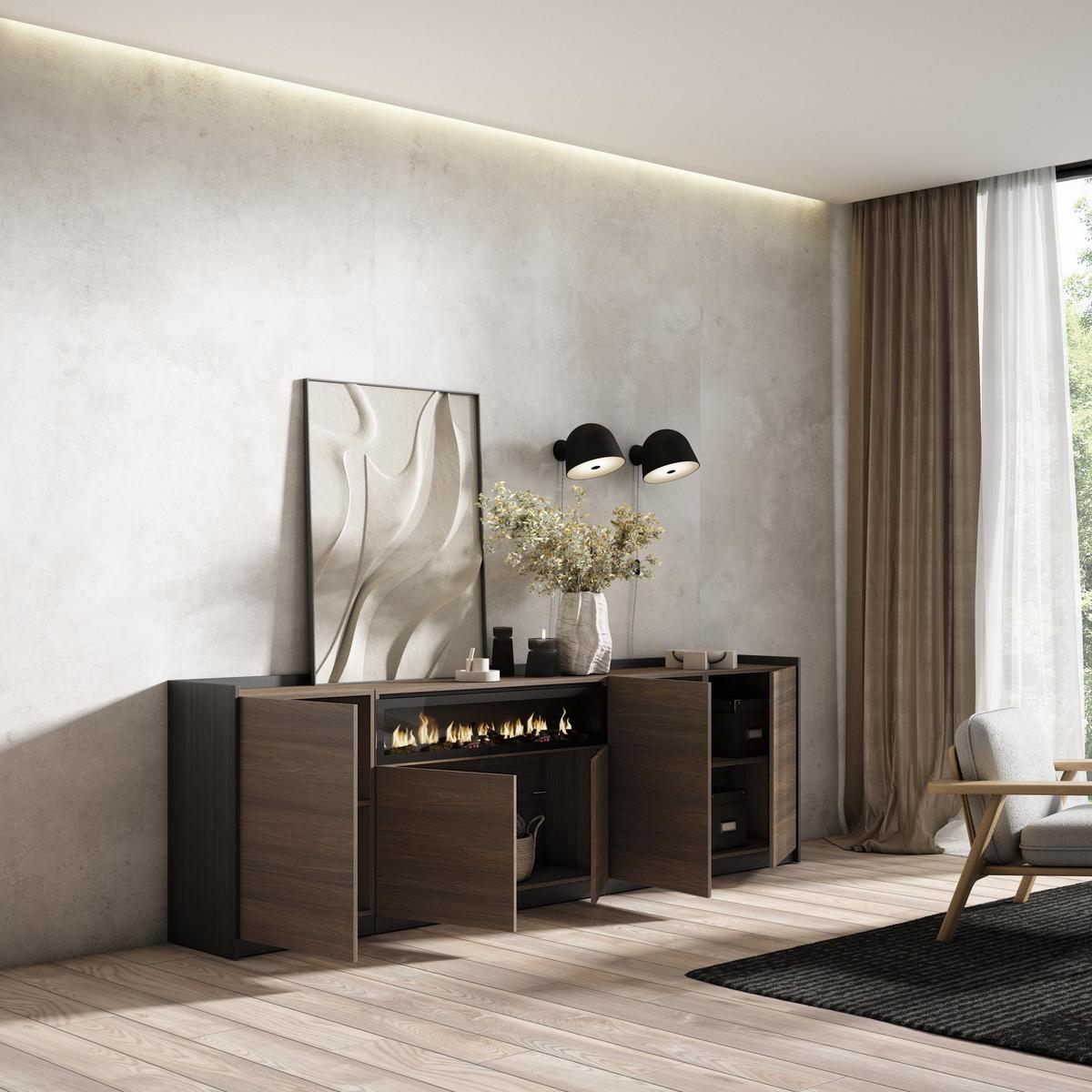 SIDEBOARD, Highboard, Dunkler Eiche und Schwarz, Elektrokamin, 260/37/80cm - Hellbraun, Holzwerkstoff (260/80/37cm) - Skraut Home