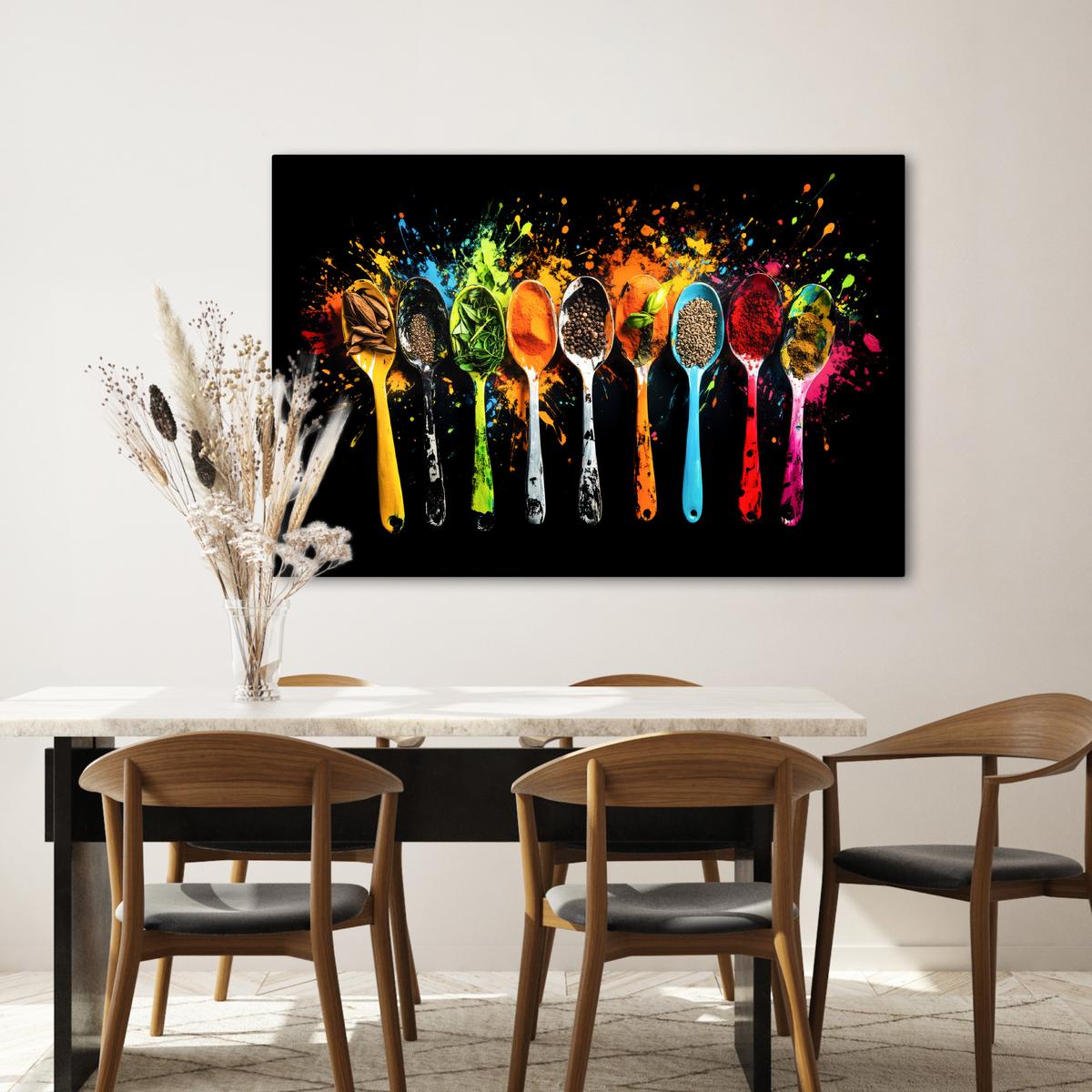 LEINWANDBILD Löffel - Gewürze - Modern - Graffiti - Farbe - Farbenfroh Wohnzimmer Groß 120x80 cm - Multicolor, Textil (120/80cm) - MuchoWow