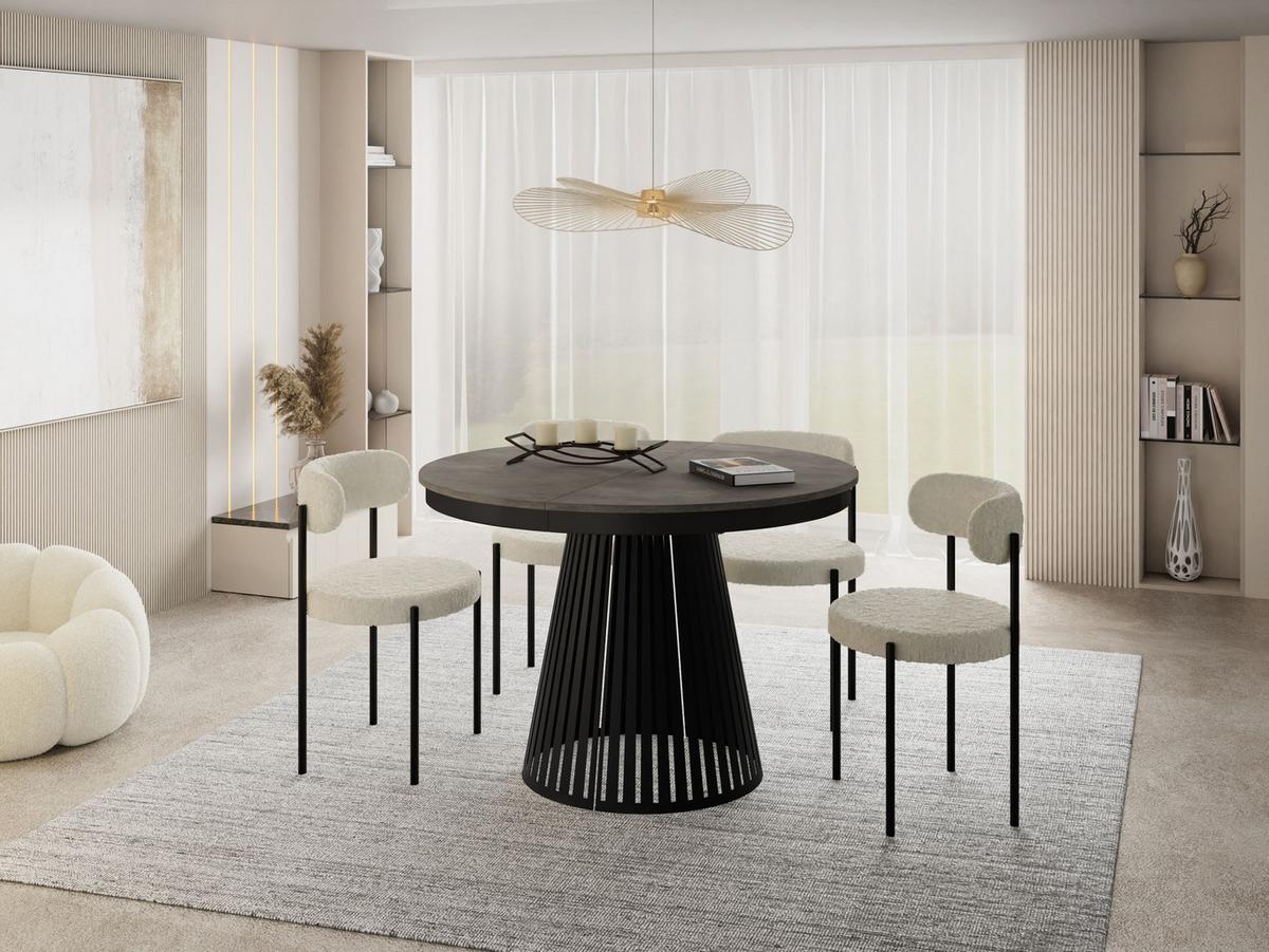 ESSTISCH Naro rund ausziehbar mit Schwarzem Lamellen-Metallgestell, Beton-Optik Dunkelgrau 120-200/120/76 cm - Dunkelgrau/Schwarz, Holzwerkstoff/Metall (120/196/76cm) - WFL GROUP