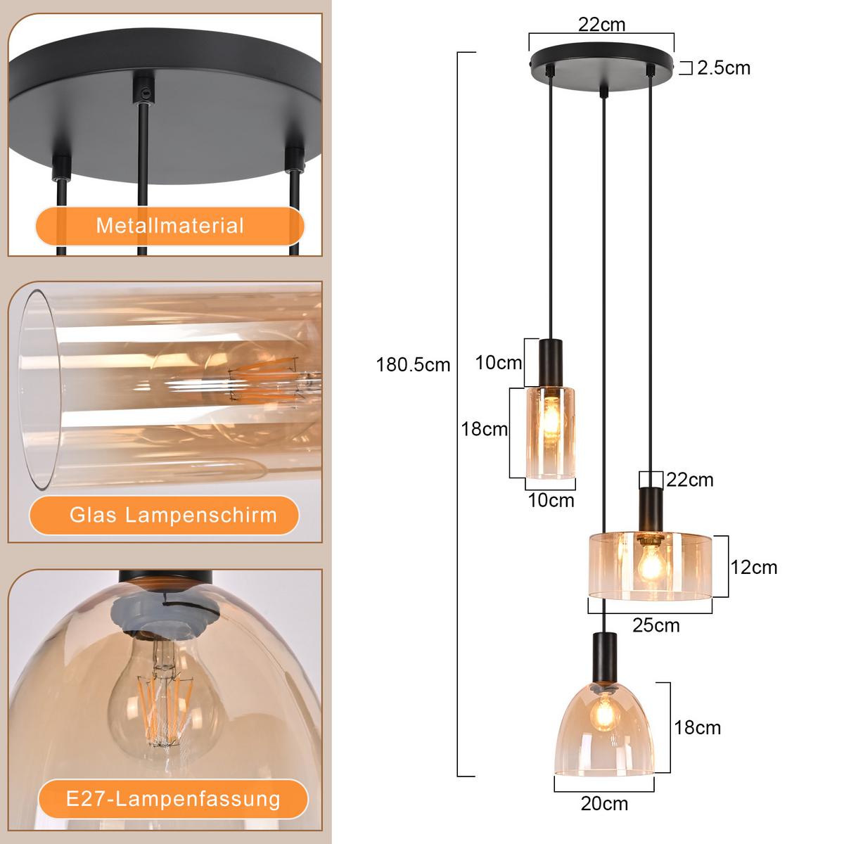PENDELLEUCHTE Krell 22/25/180 cm - Bernsteinfarben/Schwarz, Glas/Metall (22/25/180cm) - ZMH